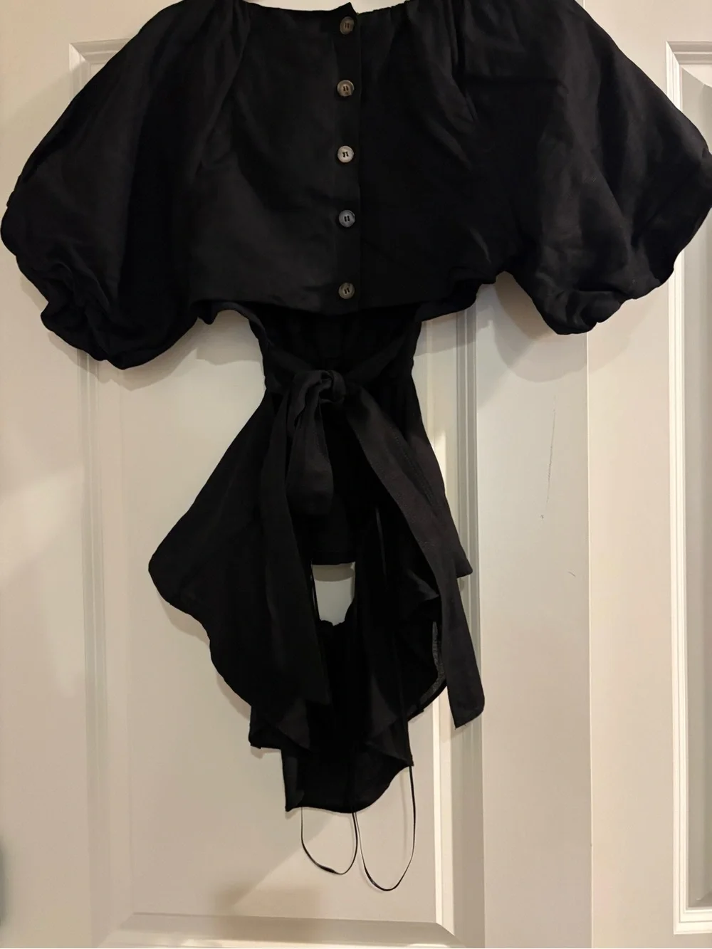 Astr Black Puff Sleeve Tie-Waist Blouse